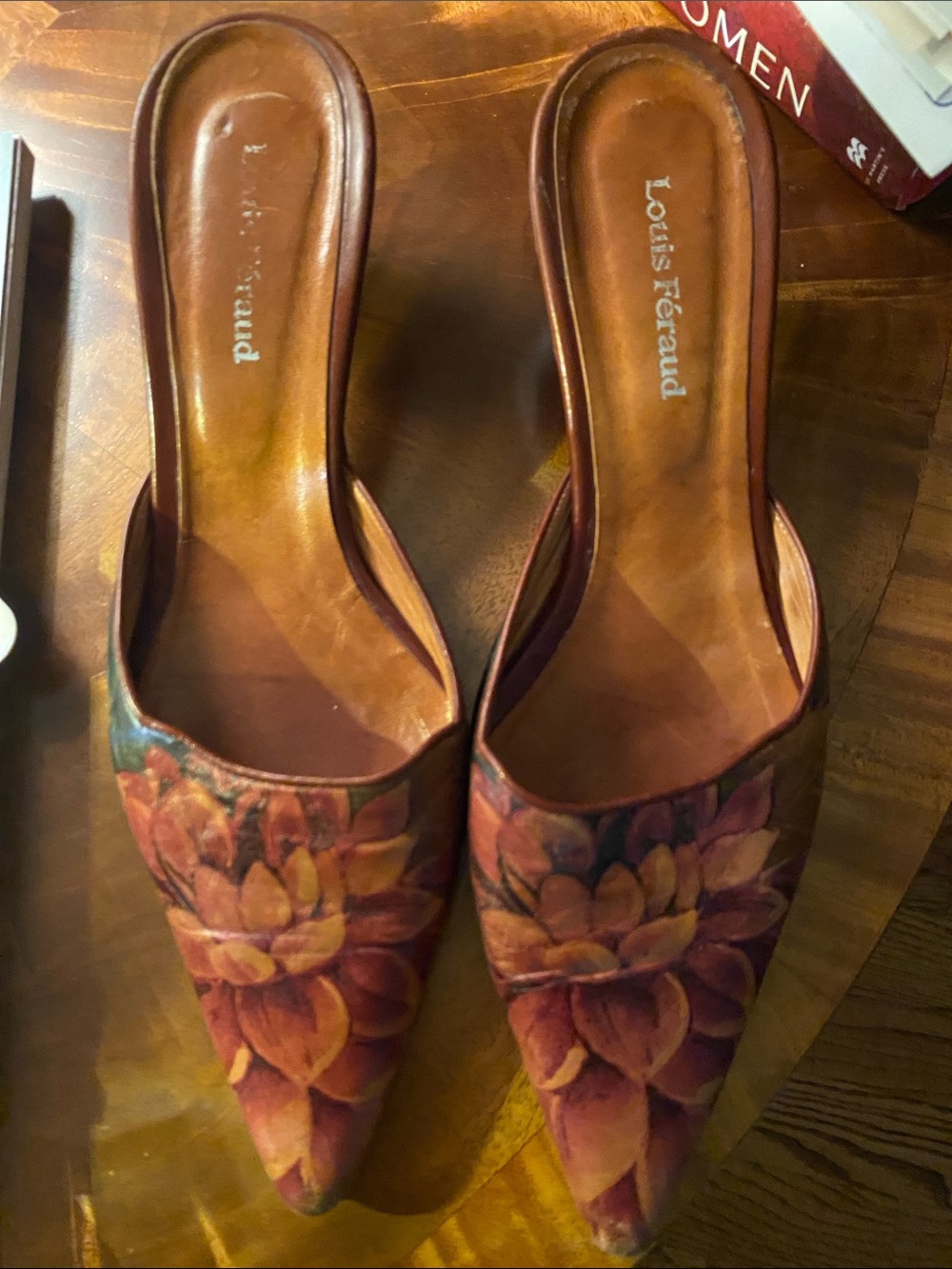 Stamped Louis Feraud but purchased in Argentina so ? Brown Floral Pointed Mule l